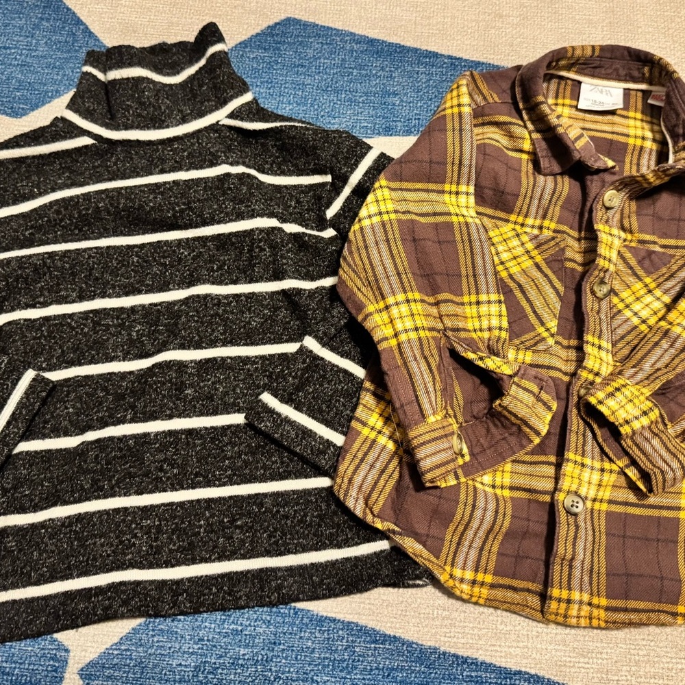 Zara Kids Lot: Gray & White Stripe Turtleneck + Purple & Gold Flannel Shirt